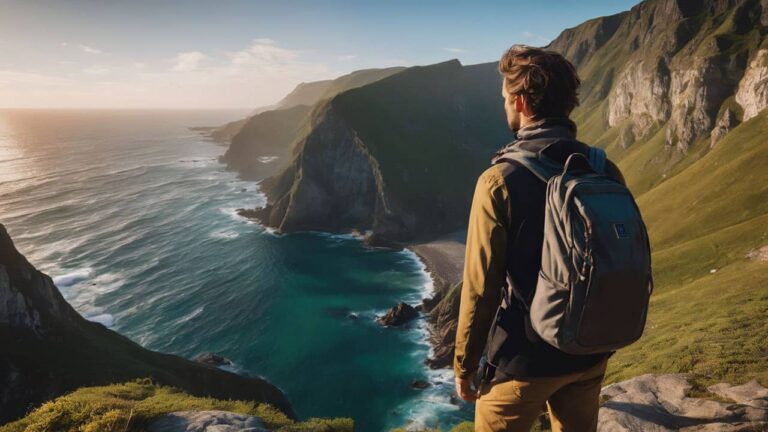 A hiker is enjoying a stunning coastal view from a cliff.